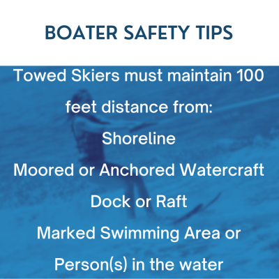 water skier being towed being boat with text reading "Towed Skiers must maintain 100 feet distance from: Shoreline"