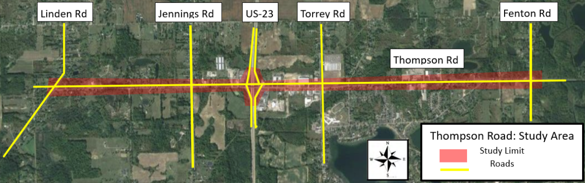 Map of Thompson Road highlighting Linden, Jennings, Torrey, and Fenton roads along Thompson Road along with the US-23 interchang