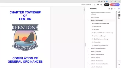 Screenshot showing how to view the bookmarks for the difference sections of the Compilation of General Ordinance and the dropdown for sub category bookmarks under each section
