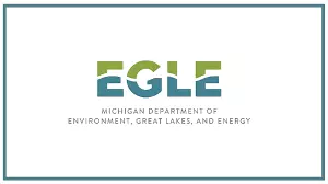 Graphic is the logo for the Michigan Department of Environment, Great Lakes, and Energy. EGLE.
